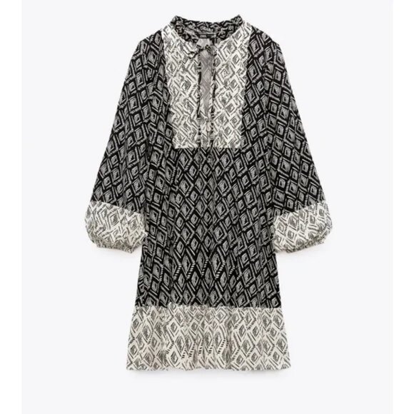 Zara Patchwork Geo Contrast Print Bohemian Mini Dress Size M NWT - Picture 2 of 15